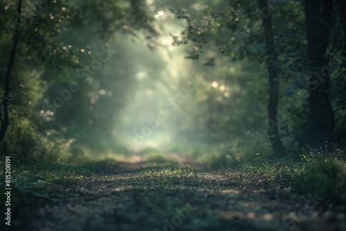 A forest path leading into the distance, with trees on both sides and sunlight filtering through them The ground is covered in leaves or grasses, creating an atmosphere of tranquility Generative AI