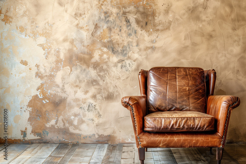 Brown leather chair near beige stucco wall. Loft interior design of modern living room home.