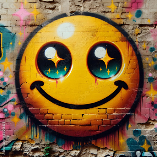 Emoji Feliz amarelo pintado em uma parede antiga em estilo graffiti. Arte de Rua