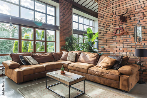 Brown sofas against stone tiles cladding wall in room with high ceiling. Loft interior design of modern living room home. © Lucas