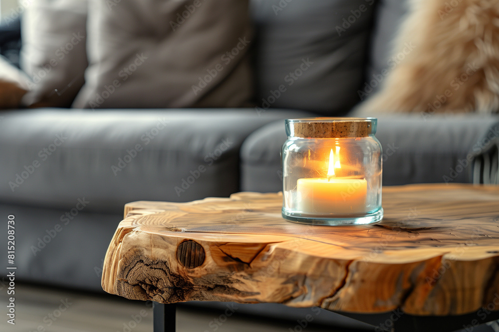Close up of grunge glass jar with burning candle on wooden live edge accent coffee table against grey sofa. Minimalist loft home interior design of modern living room.