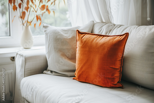 Close up of fabric sofa with terra cotta pillow against window and white wall. Scandinavian home interior design of modern living room.