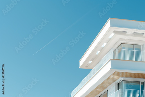 Close up of luxury house white villa with balcony terrace over blue sky. Minimalist architecture background with copy space. © Lucas