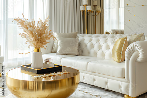 Cozy white sofa and golden coffee table. Interior design of modern luxury living room. Created with generative AI photo