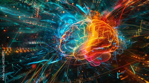 This dynamic image combines a detailed view of a human brain model with vibrant  colorful light trails and a background filled with mathematical formulas. It represents the complex relationship betwee