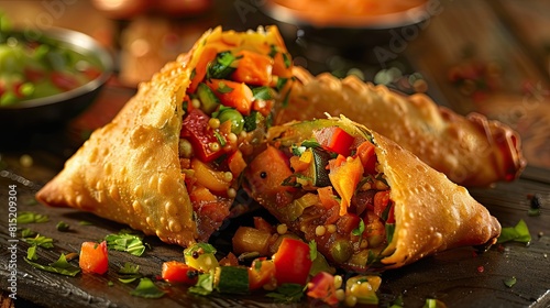 A tantalizing assortment of vegetables encased in a crispy shard, the deconstructed samosa explosion unveils its tempting filling photo