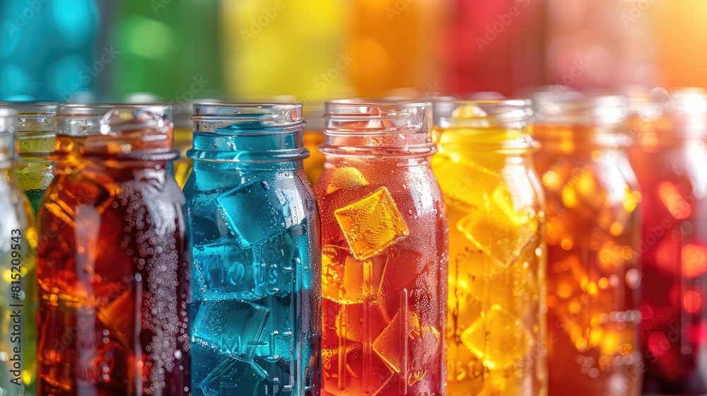 Glass jars filled with ice cubes hold a vibrant assortment of carbonated beverages, forming a dazzling array of colors