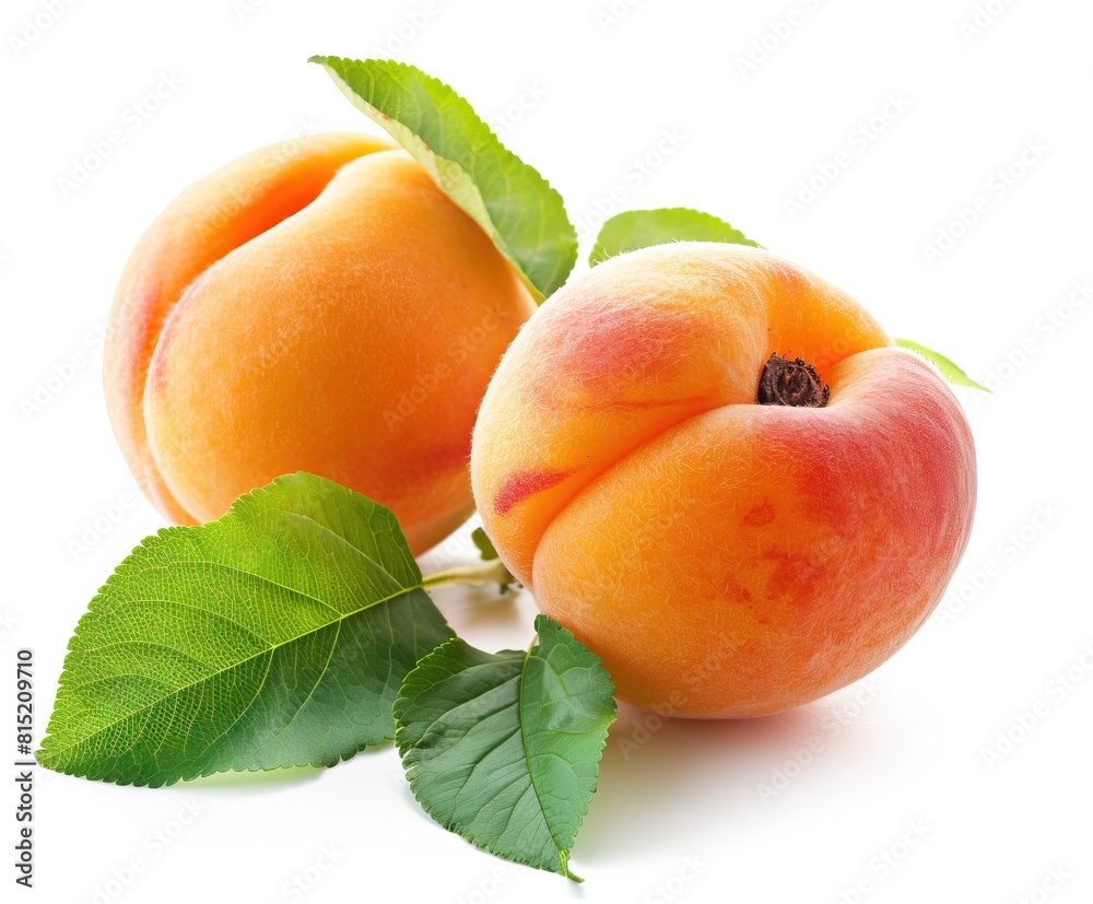 Two fresh apricots with leaves on isolated white background. Two fresh apricots with leaves on isolated white background.