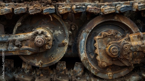 the rugged mechanics of vintage military tank tracks and wheels. Showcasing the heavy-duty construction typical of WWII era machinery, the photograph highlights the strength and engineering precision 