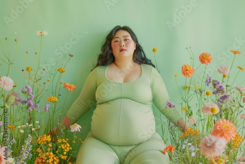 Fat woman in leggings. Excess weight. body positivity of wildflowers. Asian. Pregnant