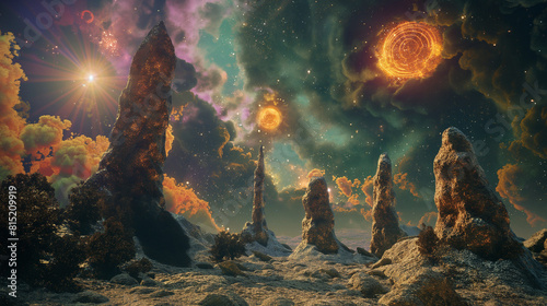 an otherworldly landscape of a distant planet, with towering alien rock formations, strange flora, and a sky ablaze with multiple suns and swirling nebulae, transporting viewers to a realm beyond imag