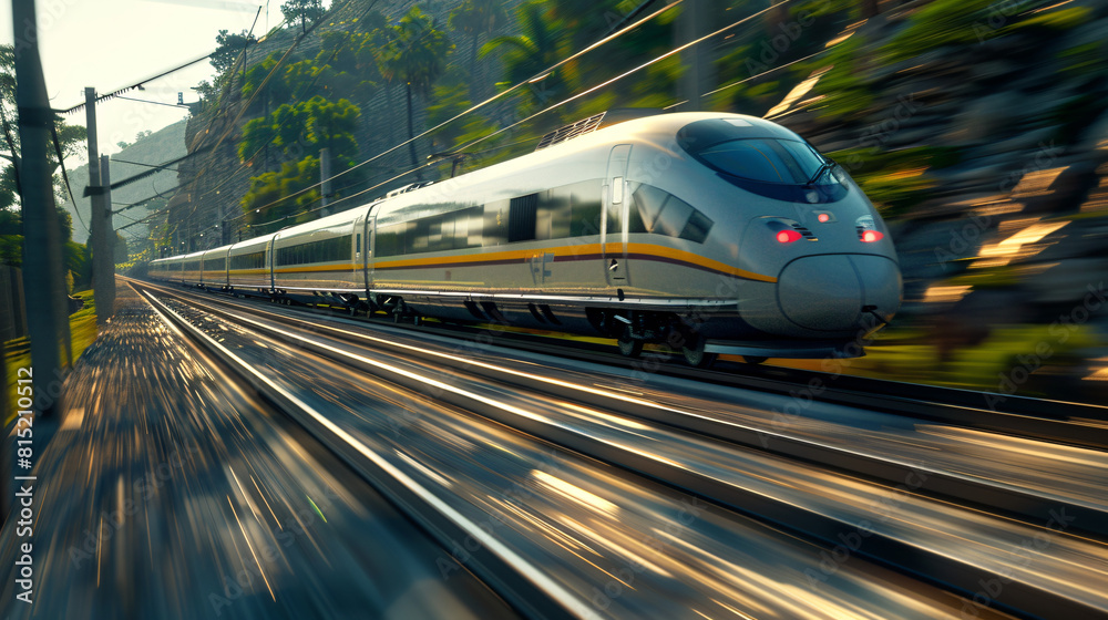 Fototapeta premium Velocity in Motion: Sleek High-Speed Train Blurring Through Scenic Landscape