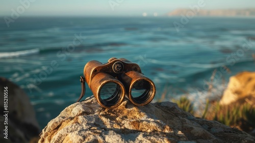 A pair of binoculars rests on a sturdy rock overlooking the ocean, where wind waves crash against the rocky shores and liquid water meets solid bedrock AIG50 © Summit Art Creations