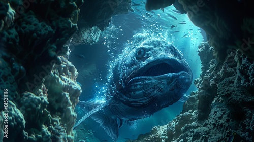 Create a detailed scene depicting a coelacanth emerging from a dark underwater cave photo