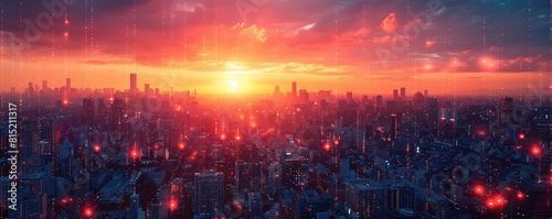 3D graph soaring upwards over a cityscape, symbolizing economic growth, sunset, wide angle