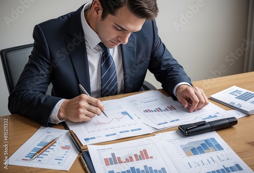 A man in a sharp suit scrutinizes the balance sheet charts reflecting a company's financial outcomes.