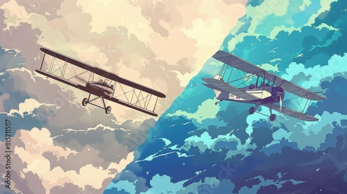 Illustration of two vintage biplanes flying through a sky split between day and night, with contrasting clouds and light. photo