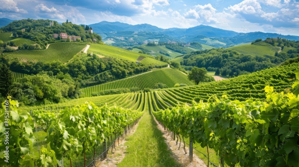 Lush green vineyard rows undulate over hills under a partly cloudy sky, capturing the essence of viticulture. Lush green vineyard rows undulate over hills under a partly cloudy sky, capturing the essence of viticulture.
