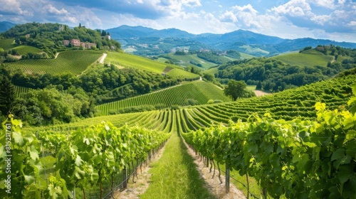 Lush green vineyard rows undulate over hills under a partly cloudy sky  capturing the essence of viticulture.