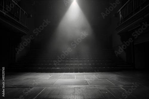 A single spotlight illuminates an empty podium, amplifying the solitude of the deserted theatre hall.