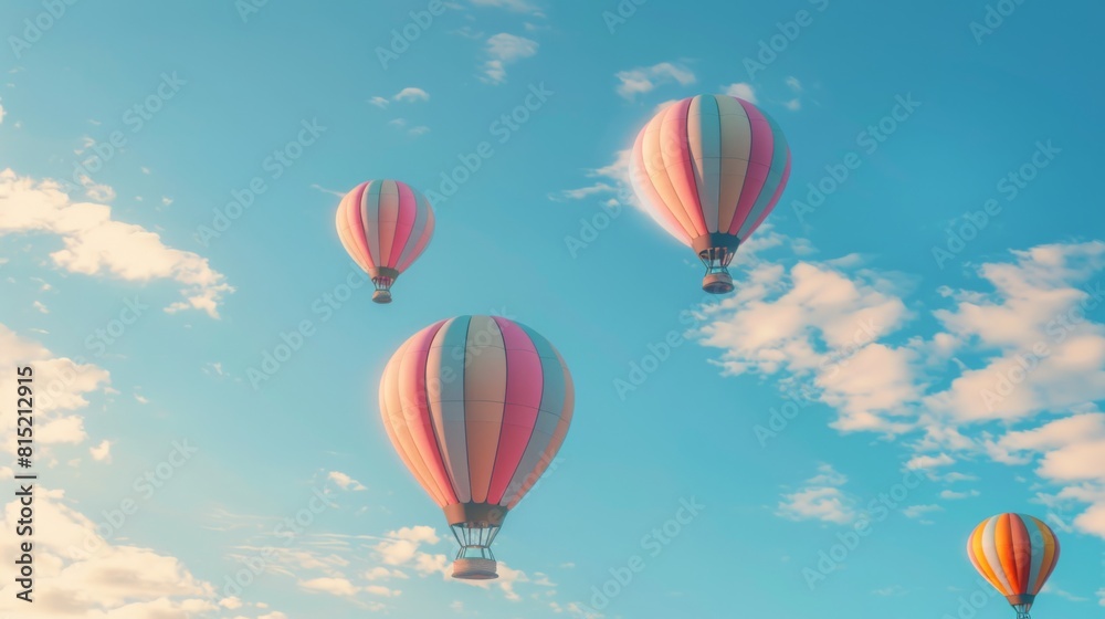 Fototapeta premium Multiple hot air balloons ascending against a clear blue sky tinged with the warm hues of sunset.