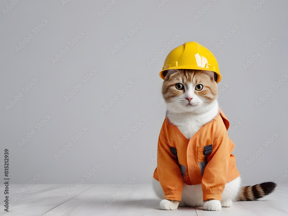 cat builder in a construction vest and a helmet on a minimalistic background cat builder in a construction vest and a helmet on a minimalistic background