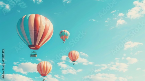 Multiple striped hot air balloons ascend gracefully against a backdrop of a serene blue sky with wispy clouds.