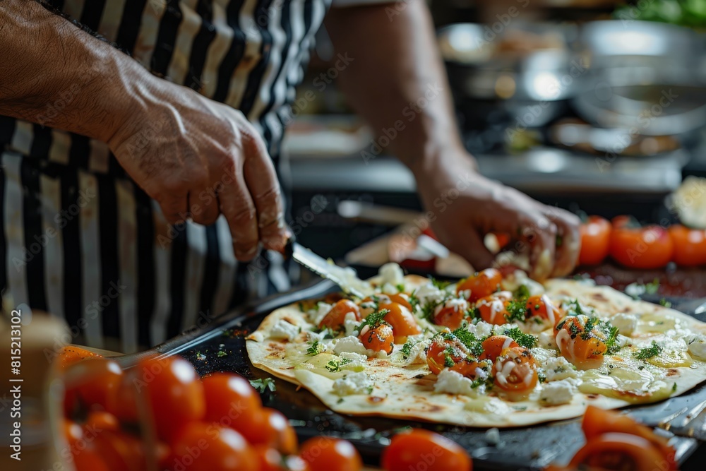 Chef preparing flatbreads with tomatoes and cheese in a kitchen. Real life photography for cookbook and culinary guide. Gourmet cooking and Mediterranean cuisine concept. Kitchen action shot. Chef preparing flatbreads with tomatoes and cheese in a kitchen. Real life photography for cookbook and culinary guide. Gourmet cooking and Mediterranean cuisine concept. Kitchen action shot.