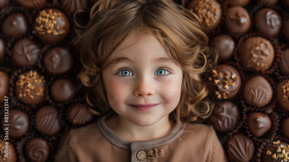 Curly cute baby with beautiful eyes surrounded by various types chocolates. Child delight sweets Curly cute baby with beautiful eyes surrounded by various types chocolates. Child delight sweets
