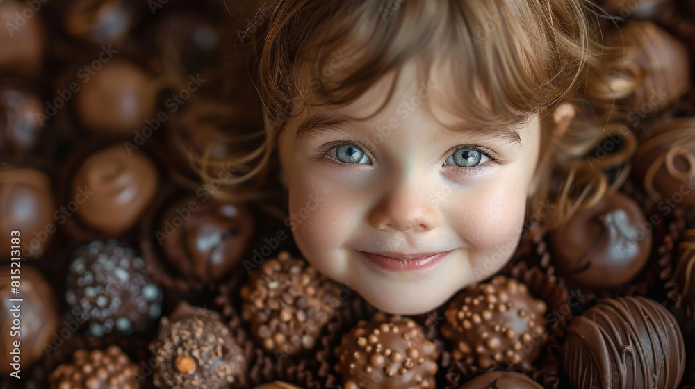 Curly cute baby with beautiful eyes surrounded by various types chocolates. Child delight sweets Curly cute baby with beautiful eyes surrounded by various types chocolates. Child delight sweets