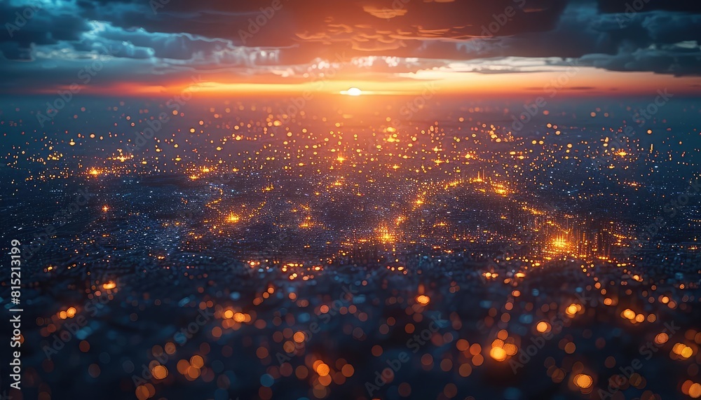 Fototapeta premium 3D render of a glowing global network with interconnected nodes, earth from space, twilight, wide view