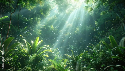 3D render of a rainforest canopy showing layers of biodiversity, from ground to treetops, lush greens, midday light