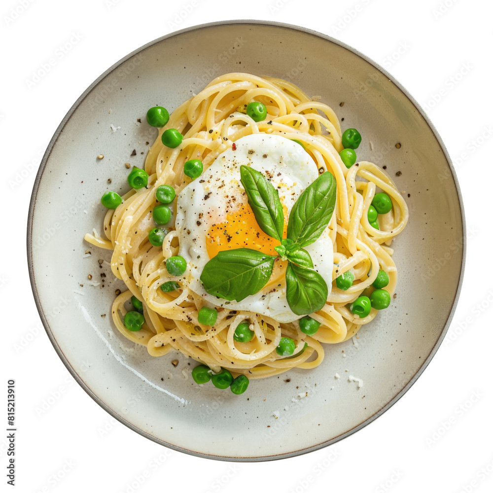 Spaghetti Carbonara with Spring Peas and a poached egg Isolated on a Transparent Background Spaghetti Carbonara with Spring Peas and a poached egg Isolated on a Transparent Background