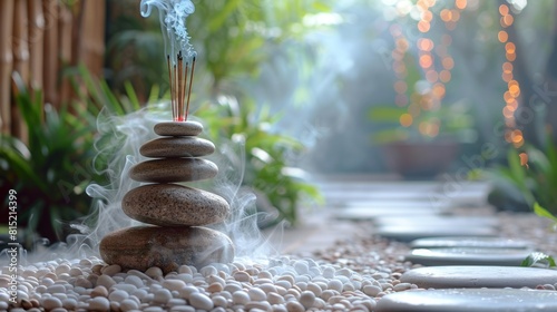 tranquil retreat setting with smooth stones, incense sticks banner promoting mindfulness and balance with copy space for text photo