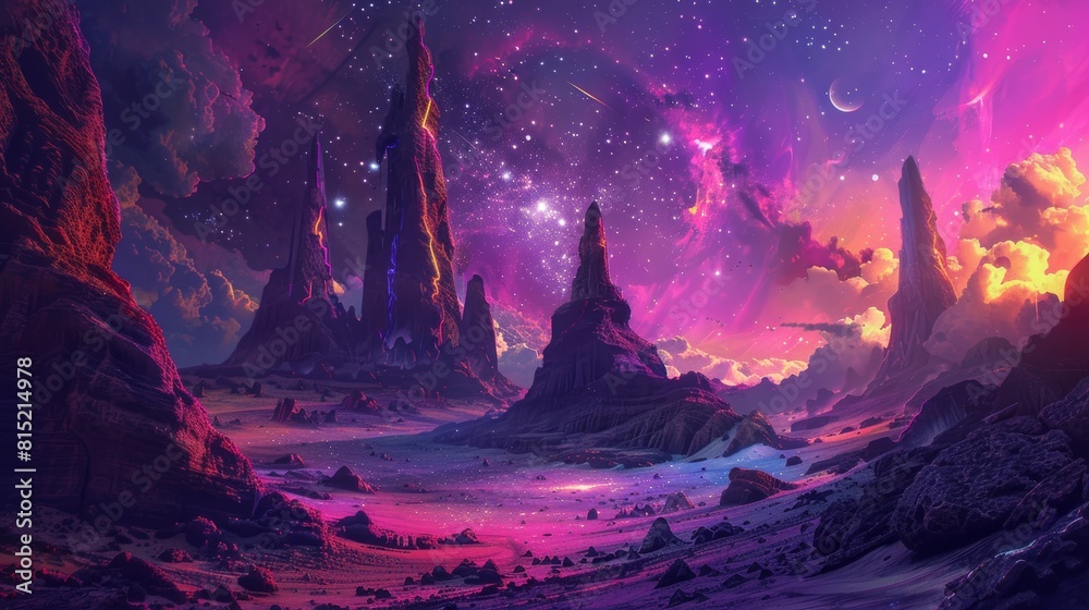 A breathtaking alien landscape with towering rock formations and a ...