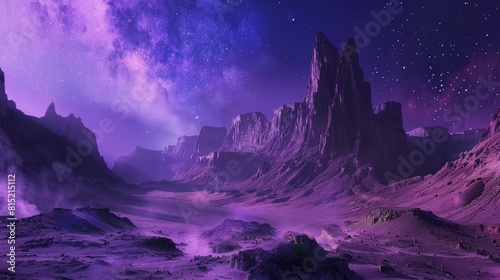 A breathtaking alien landscape with towering rock formations and a radiant cosmic sky filled with stars and nebulae. The surreal colors and otherworldly terrain. Pink desert with emptiness