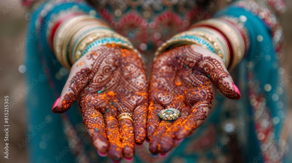 cultural wedding traditions, elaborate henna designs on a brides hands represent love and joy in indian weddings with their vibrant colors and intricate patterns