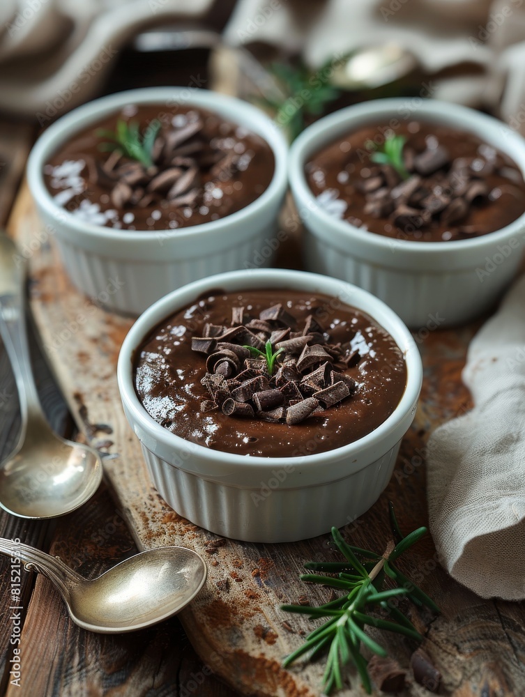 Chocolate pudding or souffle in ramekins ready to be eaten. Chocolate pudding or souffle in ramekins ready to be eaten.