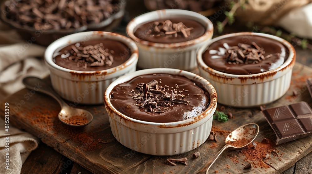 Chocolate pudding or souffle in ramekins ready to be eaten. Chocolate pudding or souffle in ramekins ready to be eaten.