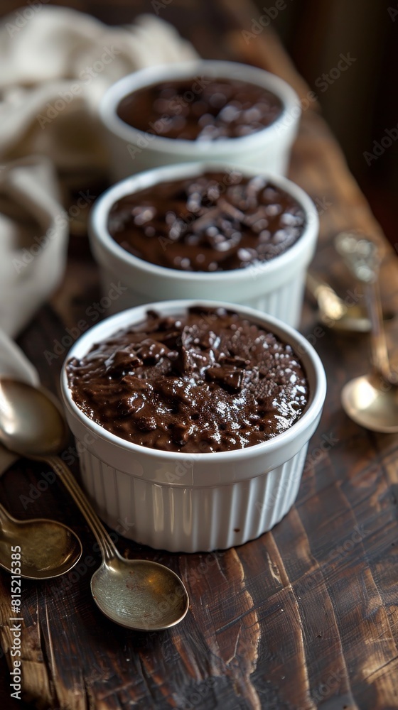 Chocolate pudding or souffle in ramekins ready to be eaten. Chocolate pudding or souffle in ramekins ready to be eaten.
