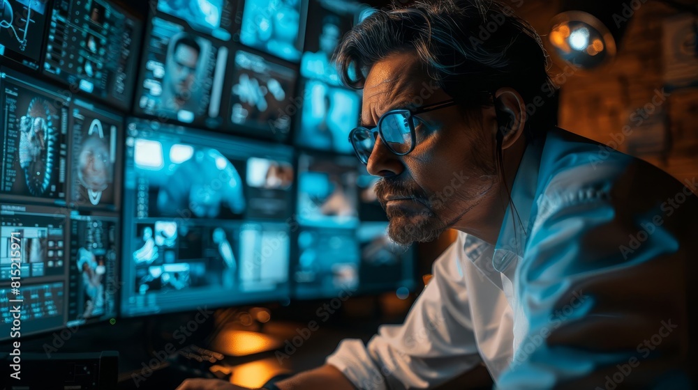 Depict a forensics expert analyzing a series of crime photos on a computer, looking for hidden clues Depict a forensics expert analyzing a series of crime photos on a computer, looking for hidden clues