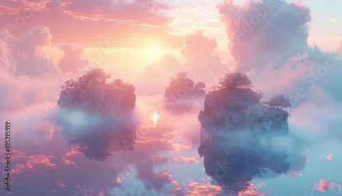 3D render of floating islands with cloud bases, dreamlike fantasy setting, soft pastel colors, panoramic view photo