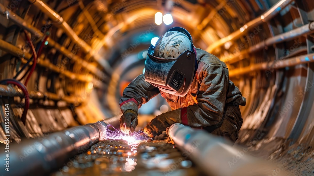 Depict a welder in a safety mask, performing critical maintenance welding on a pipeline inside a strategic utility tunnel Depict a welder in a safety mask, performing critical maintenance welding on a pipeline inside a strategic utility tunnel