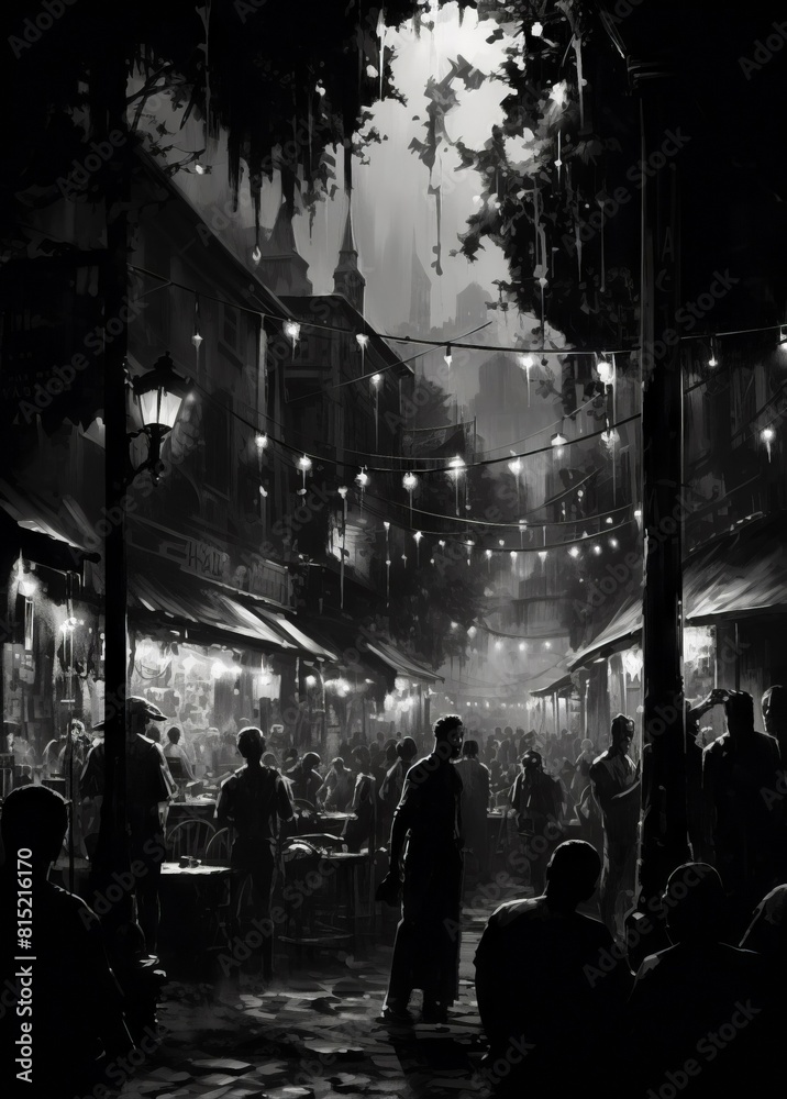 Black-and-white nighttime illustration of shops and people in a narrow street strung with lights, skyscraper background. From the series �Carnival.