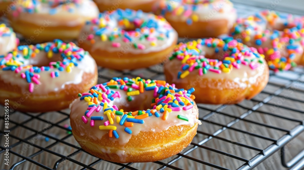 Freshly baked homemade donuts topped with colorful rainbow sprinkles placed on a wire cooling rack