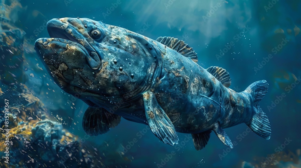 Fototapeta premium Design an image of a young coelacanth swimming alongside its mother in the deep blue sea