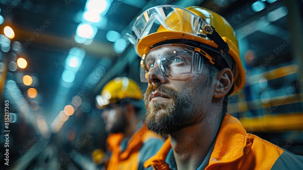 Design an image of metallurgists wearing safety gear, inspecting steel beams for a major construction project inside a factory Design an image of metallurgists wearing safety gear, inspecting steel beams for a major construction project inside a factory