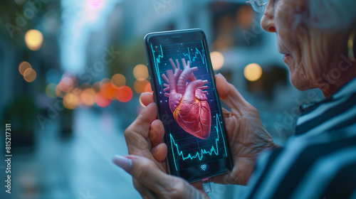 Elderly woman on the street with a smartphone with an AI medical assistant for heart health monitoring photo