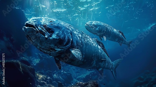 Design an image of a young coelacanth swimming alongside its mother in the deep blue sea © Nawarit
