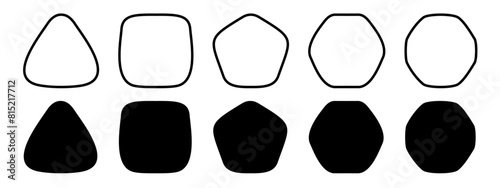 Set of doodle black geometric figures with rounded corners. Triangle, square or squircle, pentagon, hexagon and octagon shapes isolated on white background. Vector graphic illustration.
